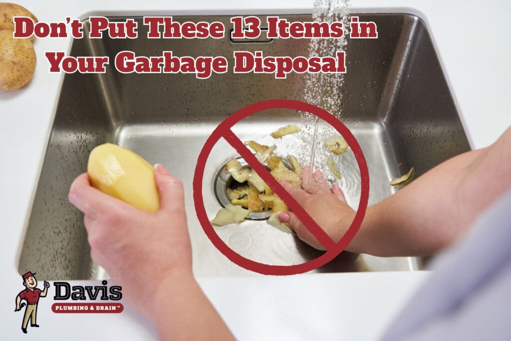 a homeowner in Burlington Township, NJ, putting potato peels down their garbage disposal with a red "no" sign over the drain indicating they shouldn't put the peels there