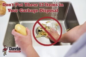 a homeowner in Burlington Township, NJ, putting potato peels down their garbage disposal with a red "no" sign over the drain indicating they shouldn't put the peels there