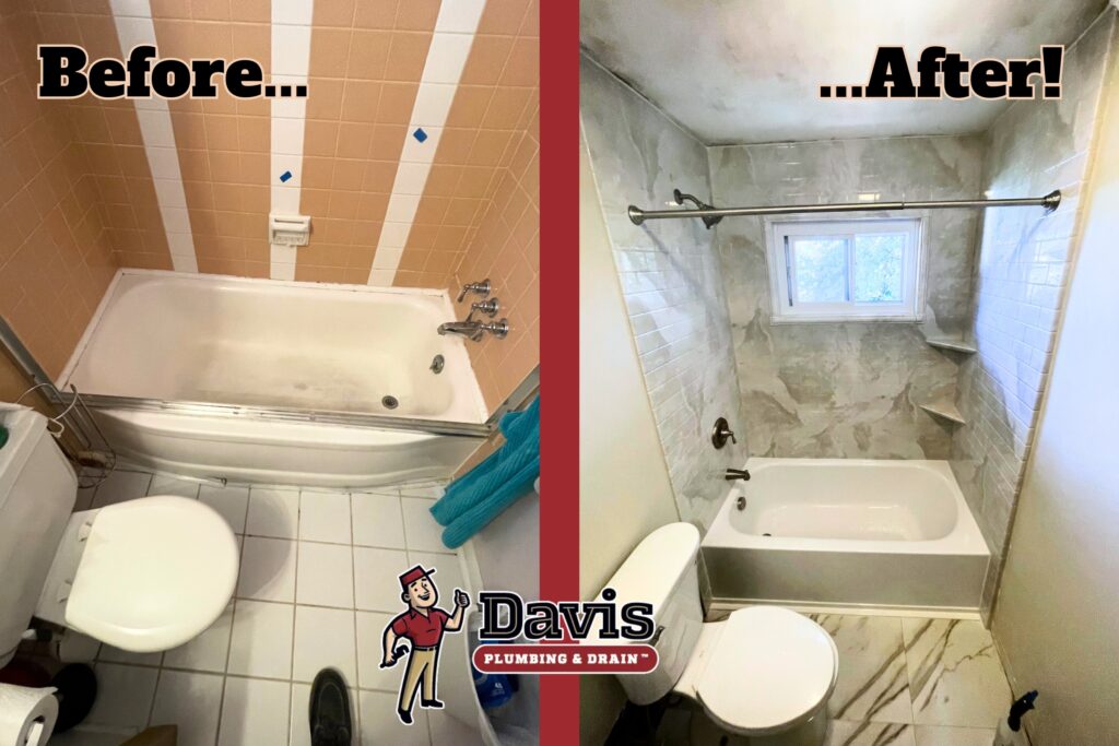 before and after images of a one-day bath remodel done by Davis Plumbing in a Burlington, NJ home