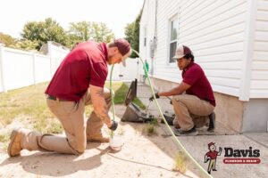 two plumbers from Davis Plumbing and Drain use a video inspection tool to see if trenchless sewer repair is possible for a home in Burlington, NJ